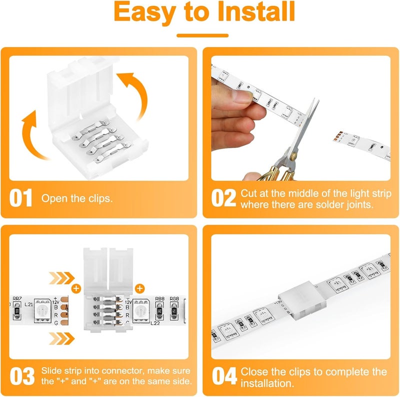 Pmxary 20Pcs 4 Pin LED Strip Connectors for 10mm Wide RGB LED Strip Lights, Solderless Unwired LED Light Connectors, Easily Extend or Splice SMD 5050 Multicolor Strips - Image 4